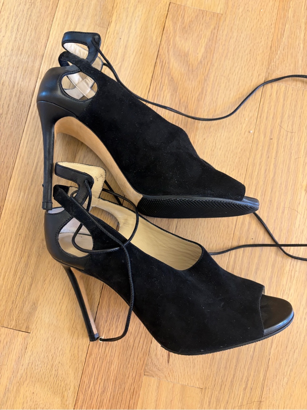 Jimmy Choo Black Suede Peep-Toe Lace-Up High Heels